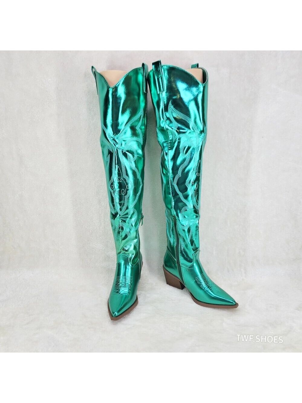 NIB Country Disco Cowboy Metallic Green Western Cowgirl OTK Thigh Boots - Picture 3 of 16